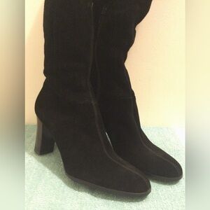Black Heeled Genuine suede Boots with Chunky Heel and Suede-Like Texture
